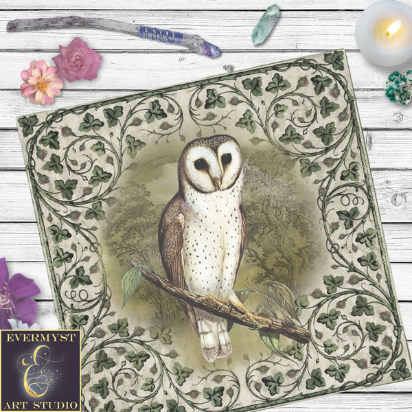 Vintage Owl And Ivy Altar Cloth - Green Woodland Wicca Pagan Tarot Decor Square