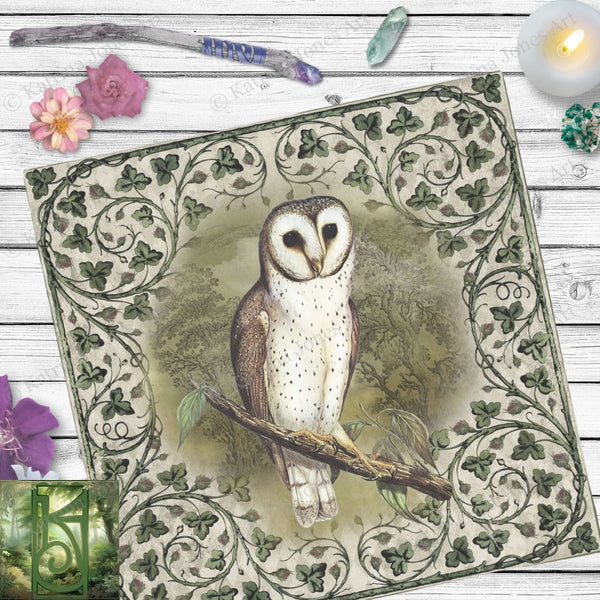 Vintage Owl And Ivy Altar Cloth - Green Woodland Wicca Pagan Tarot Decor Square