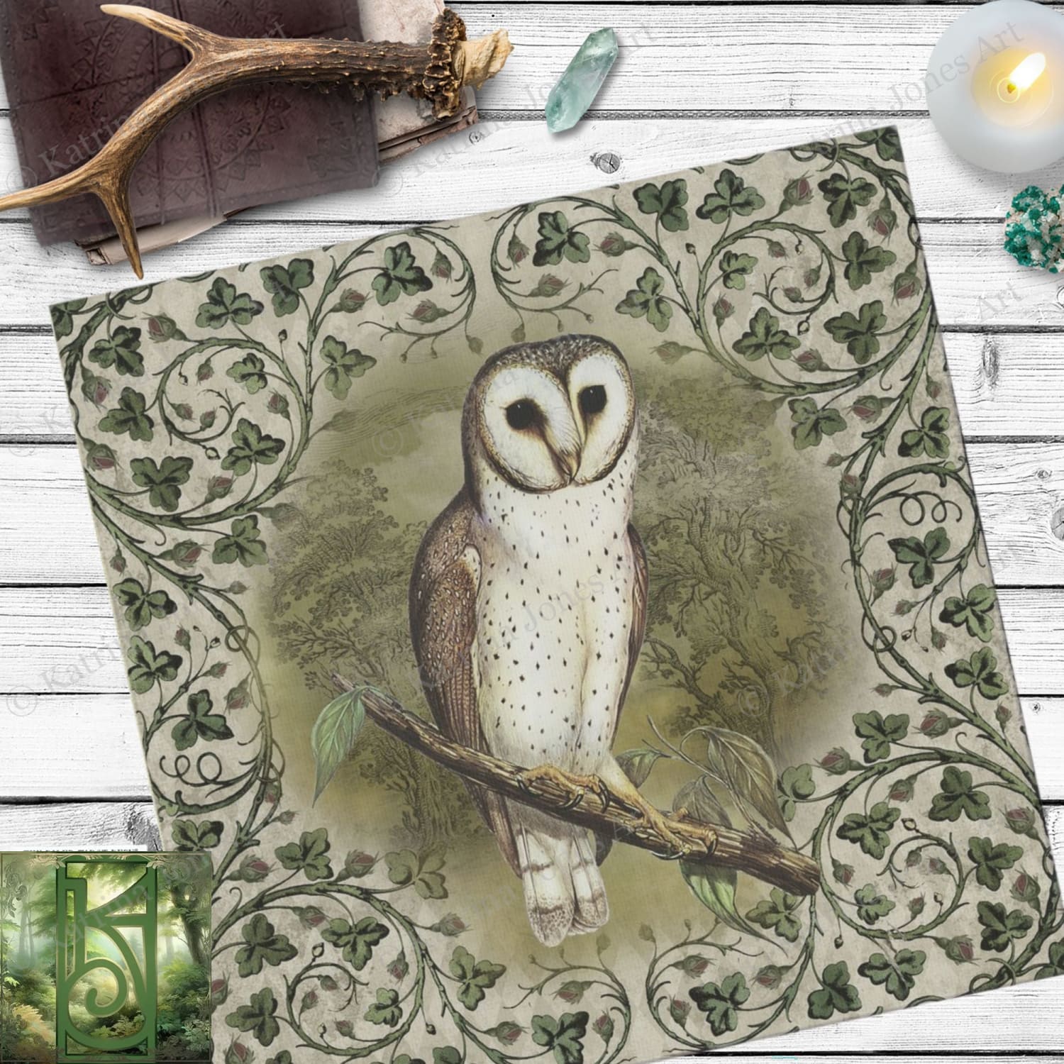 Vintage Owl And Ivy Altar Cloth - Green Woodland Wicca Pagan Tarot Decor Square