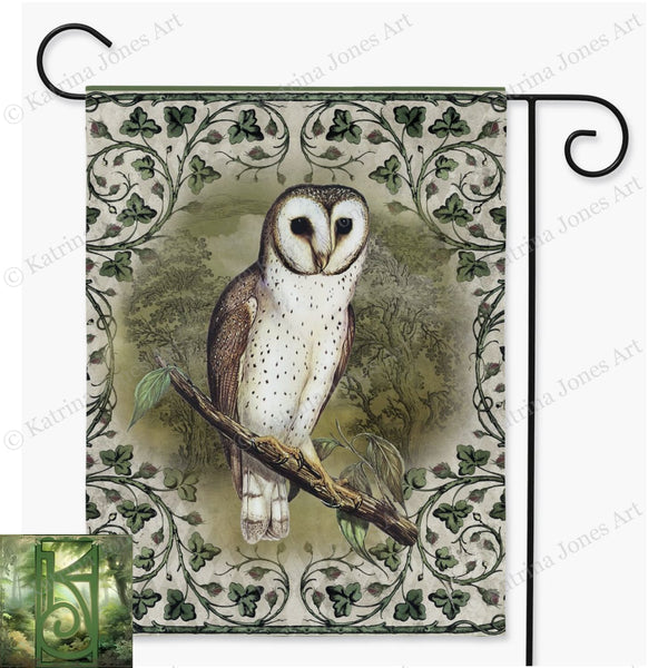 Vintage Owl Whimsical Green Cottage Garden Flag