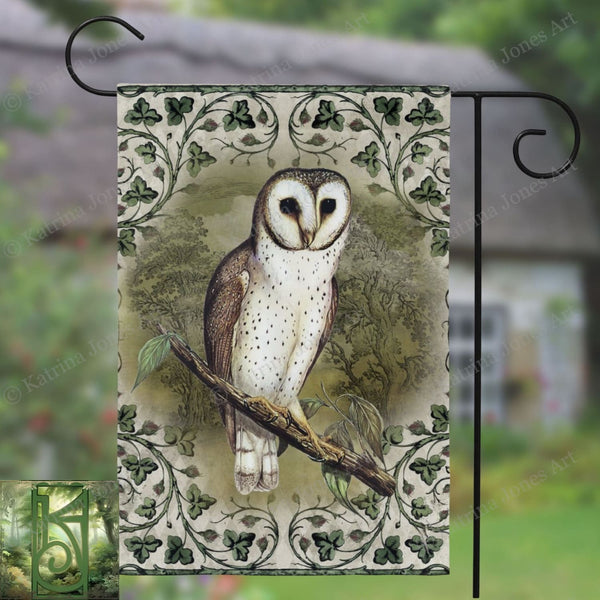 Vintage Owl Whimsical Green Cottage Garden Flag
