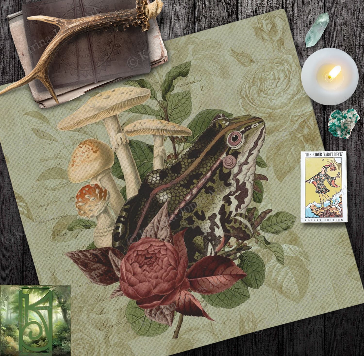 Vintage Cottagecore Altar Cloth Tarot Reading Mat With Toad Frog Nature Witch Aesthetic Square