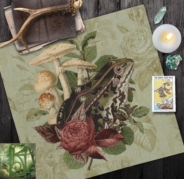 Vintage Cottagecore Altar Cloth Tarot Reading Mat With Toad Frog Nature Witch Aesthetic Square