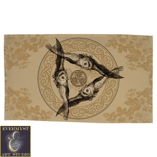Vintage Triple Owl Altar Cloth - Athena Goddess Wiccan Decor Rec