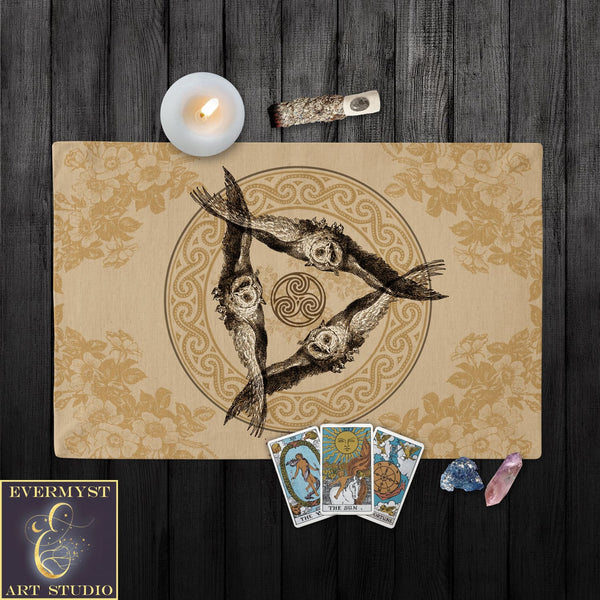 Vintage Triple Owl Altar Cloth - Athena Goddess Wiccan Decor Rec