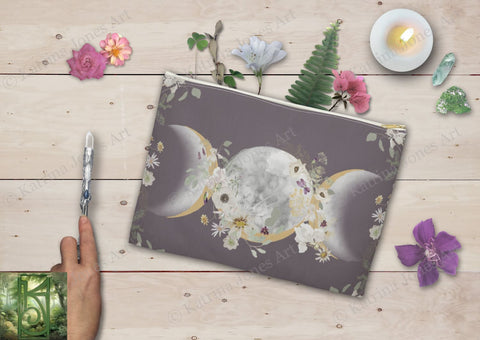 Violet Iris Triple Moon Goddess Accessory Zippered Pouch Purse Tarot Oracle Deck Makeup Zip