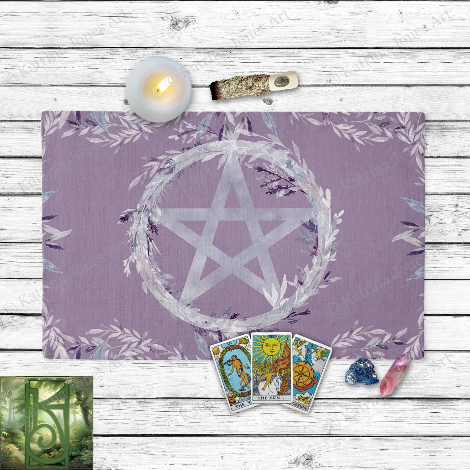 Floral Pentacle Witch Altar Cloth Purple Tarot Reading Mat Cotton Twill Rec