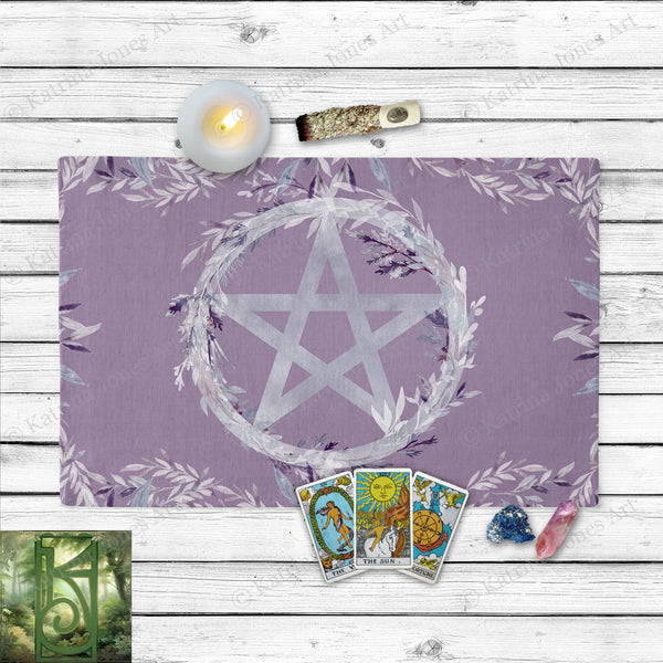 Floral Pentacle Witch Altar Cloth Purple Tarot Reading Mat Cotton Twill Rec
