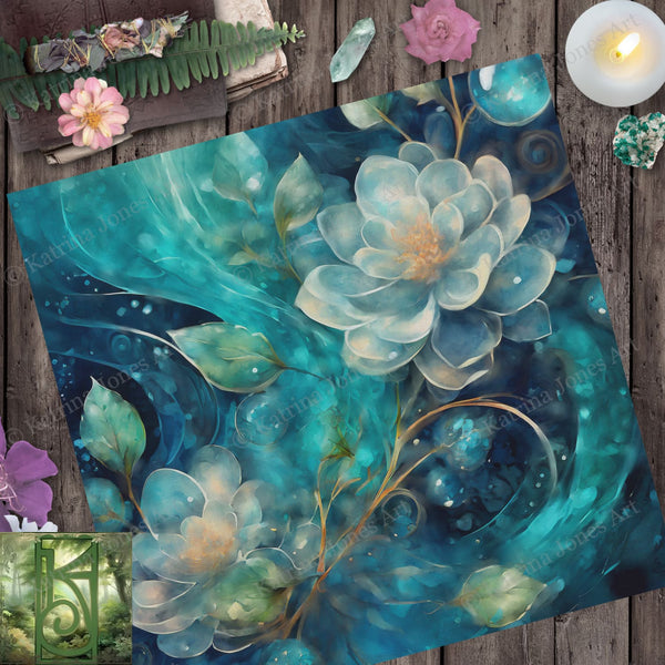 Blue Flower Altar Tarot Cloth Flowers Pagan Witch Decor Decoration Floral Wicca Reading Mat Square