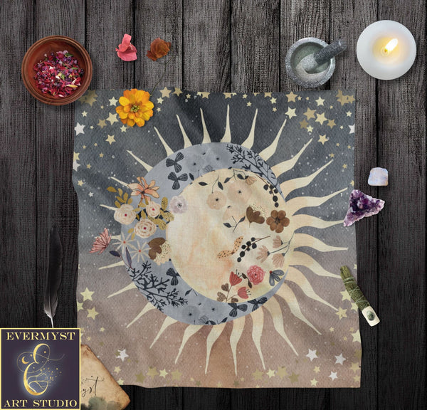 Whimsical Celestial Altar Cloth - Witchy Tarot Reading Mat Square