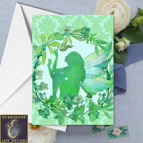 Whimsical Fairy Greeting Card Green Garden Cute Blank Notecards