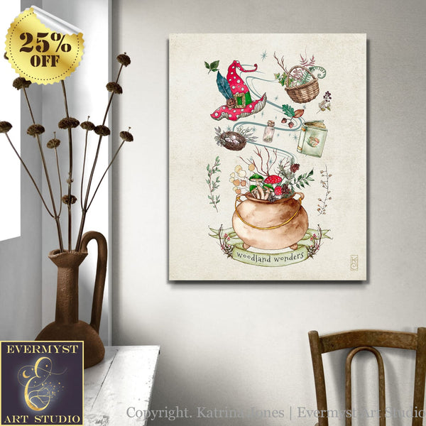 Whimsical Forest Art Print - Magical Cute Witchy Woodland Illustration Wall Decor