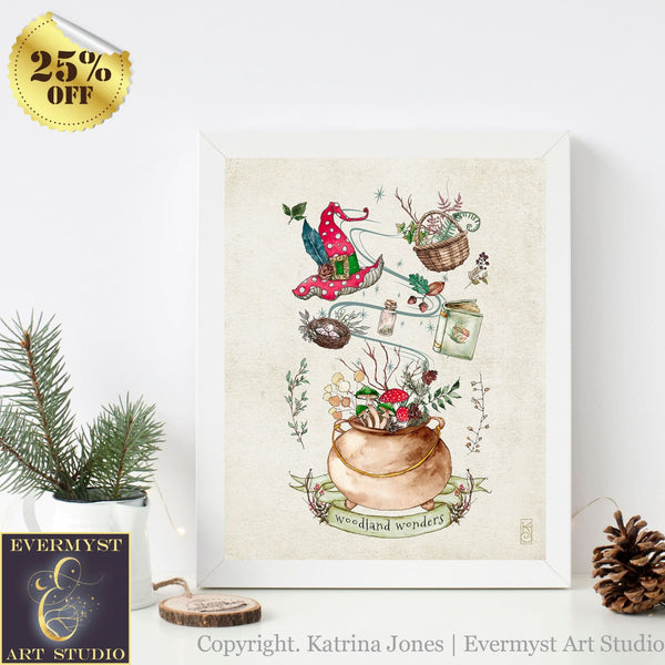 Whimsical Forest Art Print - Magical Cute Witchy Woodland Illustration Wall Decor