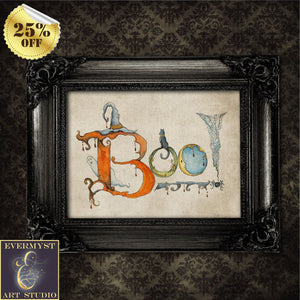 Whimsical Halloween Art Print Watercolor Spooky Cute Boo Lettering Word Art Painting 8X10 Inch