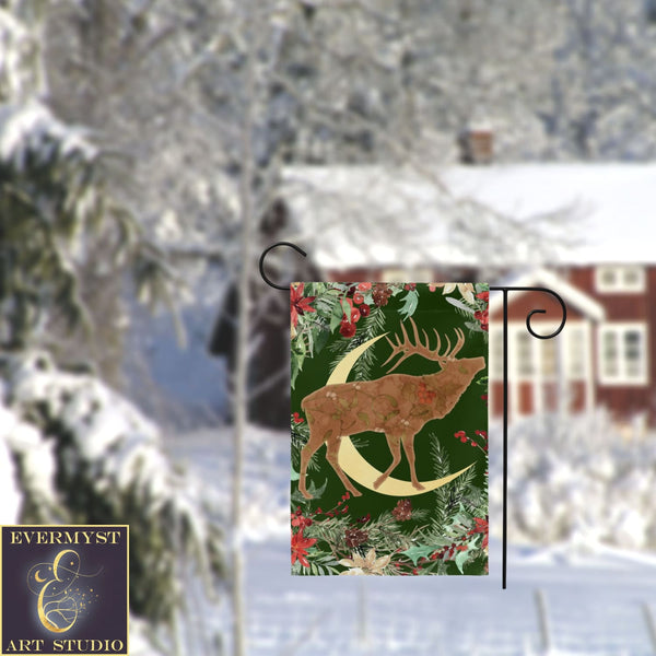 Whimsical Yule Deer Garden Flag - Winter Stag Folk Woodland Design