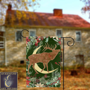 Whimsical Yule Deer Garden Flag - Winter Stag Folk Woodland Design