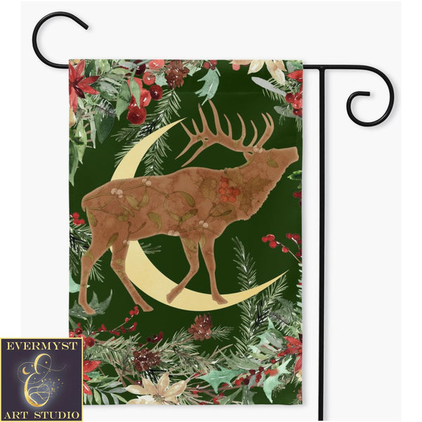 Whimsical Yule Deer Garden Flag - Winter Stag Folk Woodland Design