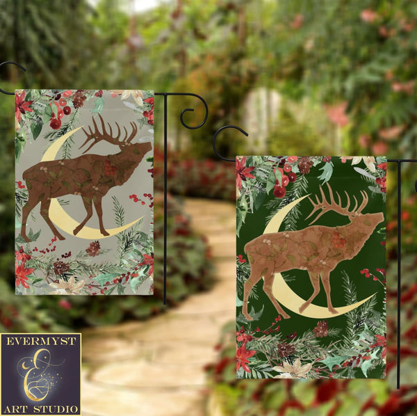 Whimsical Yule Deer Garden Flag - Winter Stag Folk Woodland Design