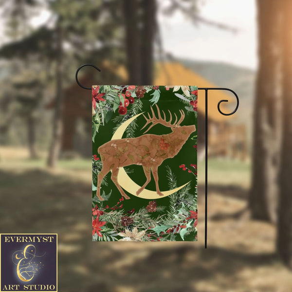 Whimsical Yule Deer Garden Flag - Winter Stag Folk Woodland Design