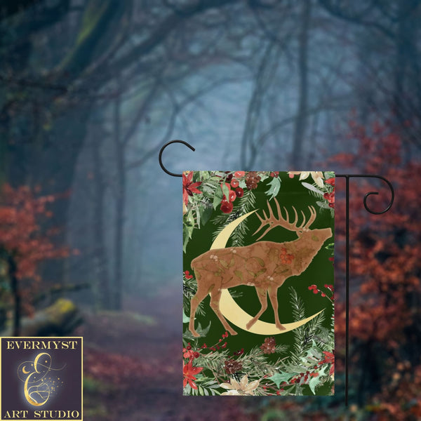 Whimsical Yule Deer Garden Flag - Winter Stag Folk Woodland Design