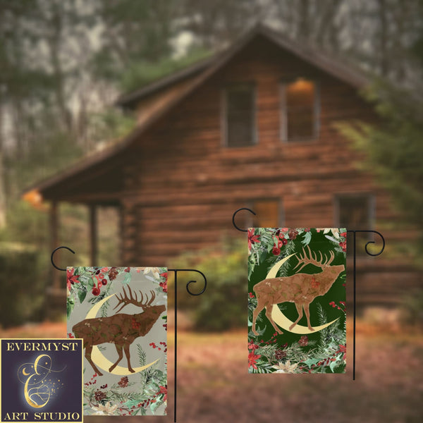 Whimsical Yule Deer Garden Flag - Winter Stag Folk Woodland Design