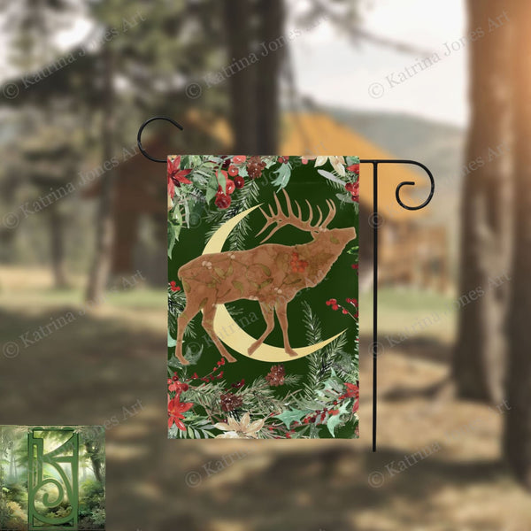 Whimsical Yule Deer Garden Flag - Winter Stag Folk Woodland Design