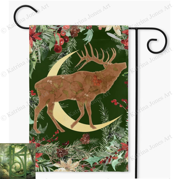 Whimsical Yule Deer Garden Flag - Winter Stag Folk Woodland Design