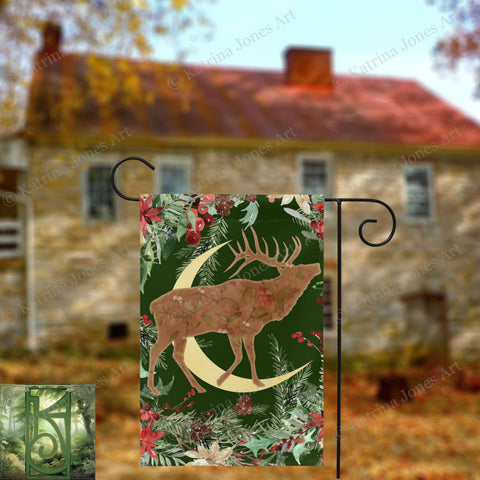 Whimsical Yule Deer Garden Flag - Winter Stag Folk Woodland Design