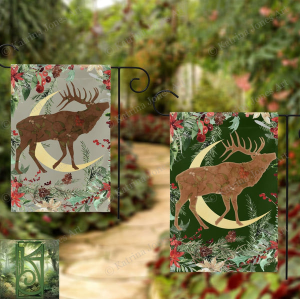 Whimsical Yule Deer Garden Flag - Winter Stag Folk Woodland Design