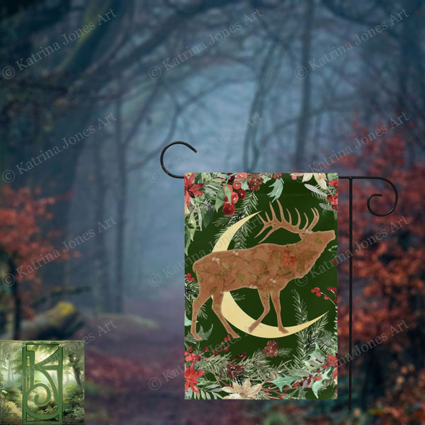 Whimsical Yule Deer Garden Flag - Winter Stag Folk Woodland Design