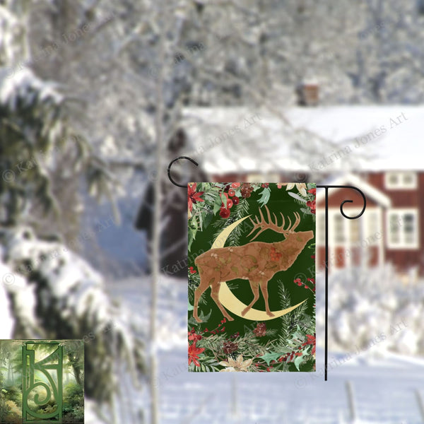 Whimsical Yule Deer Garden Flag - Winter Stag Folk Woodland Design