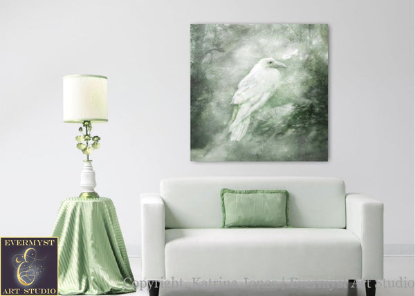 White Celtic Raven Painting - Mythic Creature Canvas Art