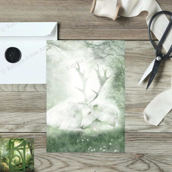 White Deer Greeting Card Fantasy Magical Stag Hart Blank Notecard