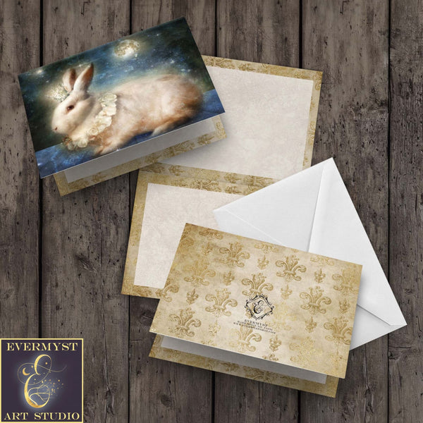 White Rabbit Moon Card Fantasy Hare Fairy Tale Mythic Unique Blank Notecard