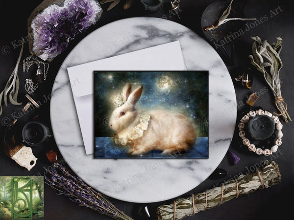 White Rabbit Moon Card Fantasy Hare Fairy Tale Mythic Unique Blank Notecard