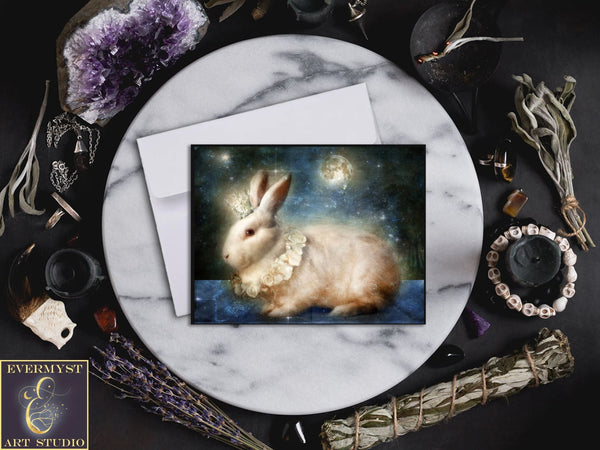 White Rabbit Moon Card Fantasy Hare Fairy Tale Mythic Unique Blank Notecard