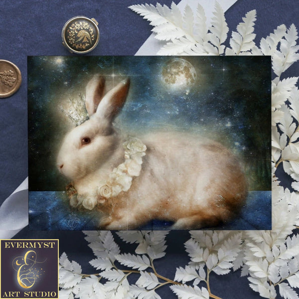 White Rabbit Moon Card Fantasy Hare Fairy Tale Mythic Unique Blank Notecard