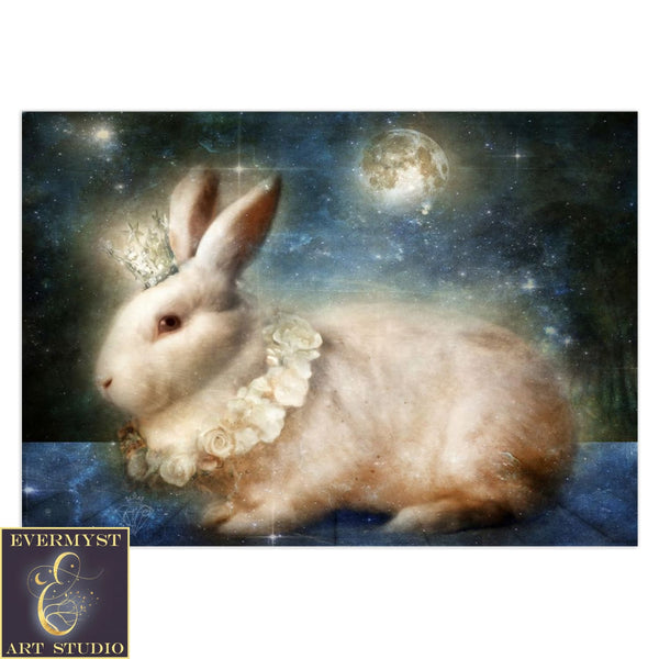 White Rabbit Moon Card Fantasy Hare Fairy Tale Mythic Unique Blank Notecard 10 Cards