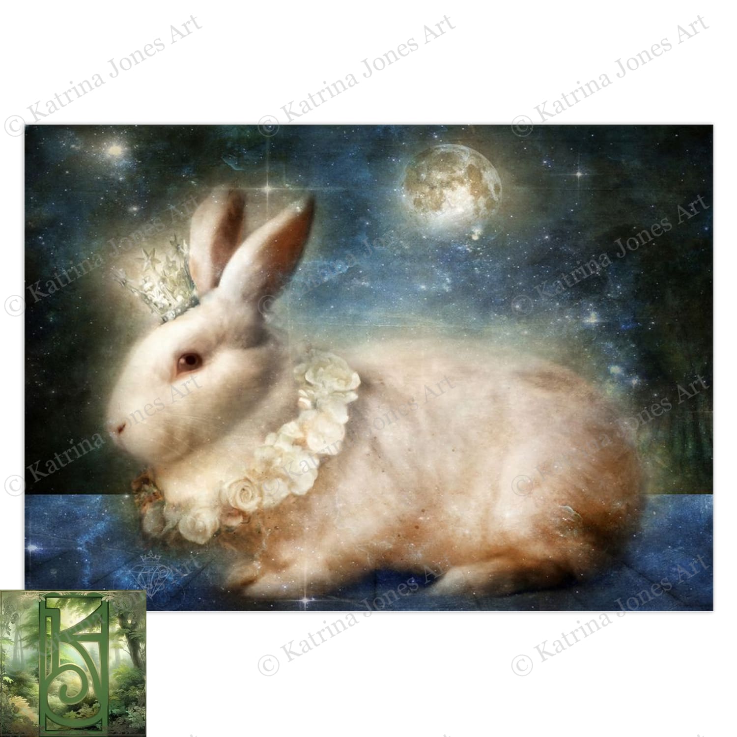 White Rabbit Moon Card Fantasy Hare Fairy Tale Mythic Unique Blank Notecard 10 Cards