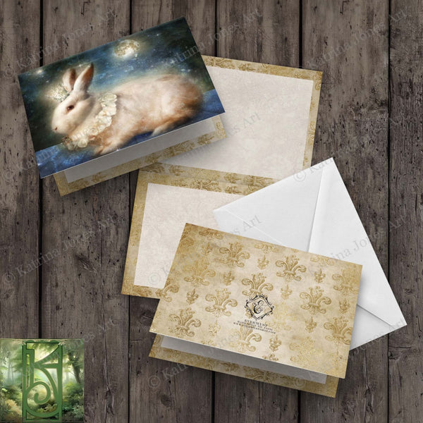 White Rabbit Moon Card Fantasy Hare Fairy Tale Mythic Unique Blank Notecard