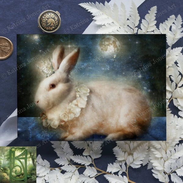 White Rabbit Moon Card Fantasy Hare Fairy Tale Mythic Unique Blank Notecard