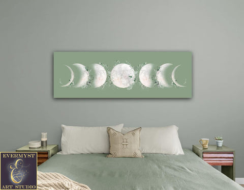 Wild Green Moon Phases Canvas Art Print White Wrap / 20X60 Inch