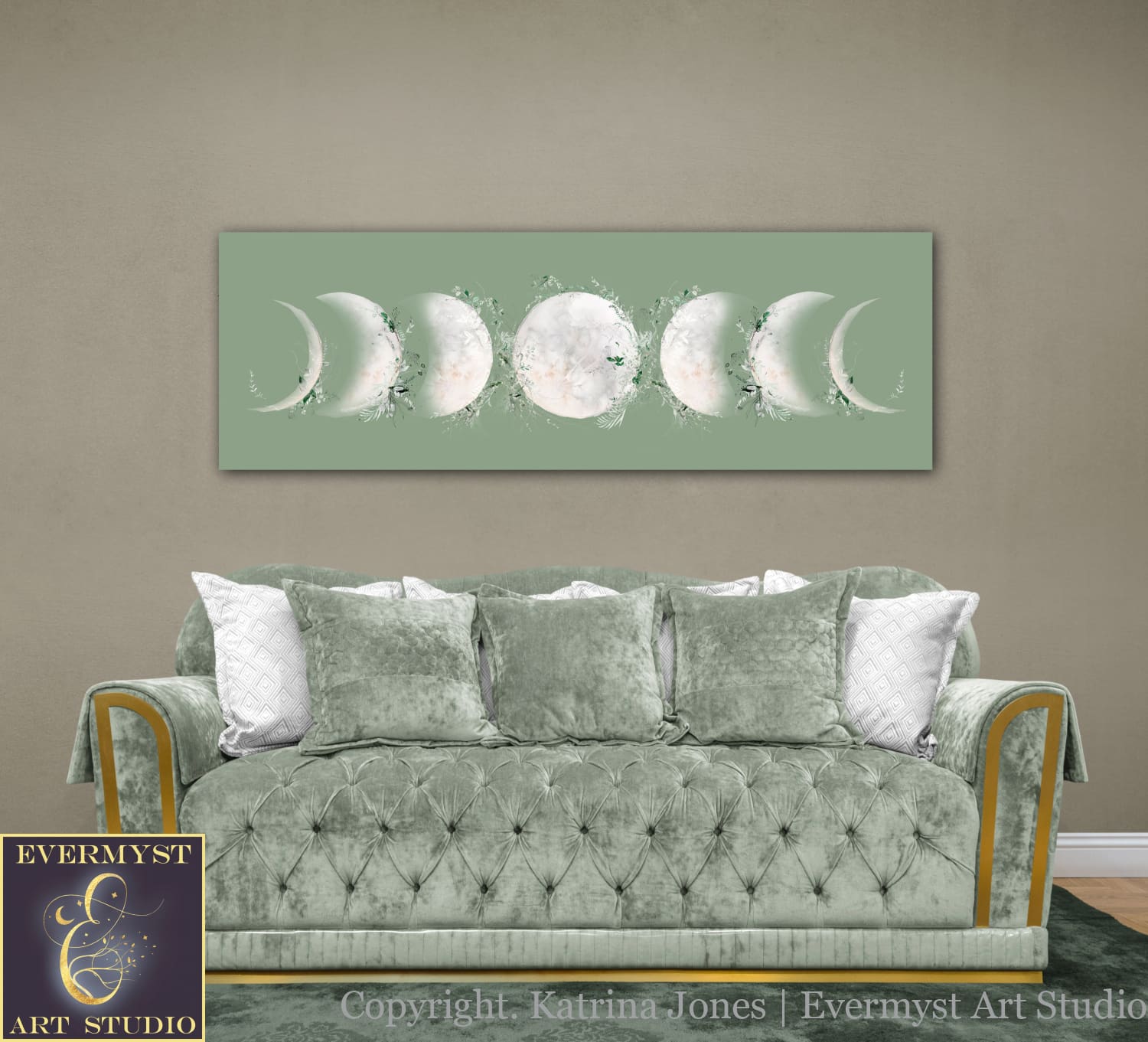 Wild Green Moon Phases Canvas Art Print White Wrap / 12X36 Inch