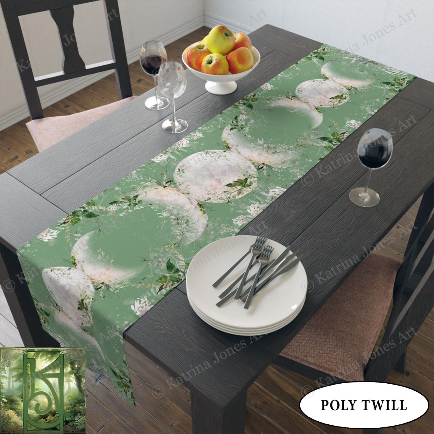 Triple Moon Table Runner Altar Cloth - Green Witch Decor