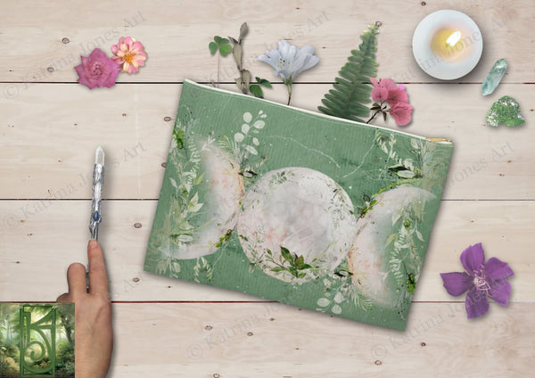 Wild Greenery Triple Moon Goddess Accessory Zippered Pouch Purse Tarot Oracle Deck Makeup Zip