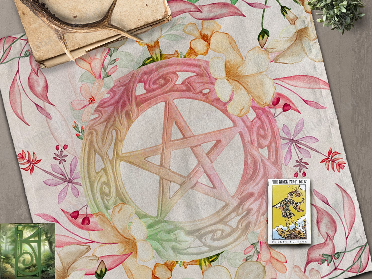 Floral Altar And Tarot Cloth - Litha Pentacle Witch Wicca Spring Summer Decor 22X22 Inch Twill