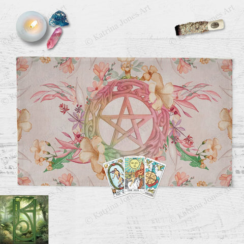 Spring Floral Pentacle Altar Cloth Witch Pagan Flowery Tarot Mat Cotton Twill Rec