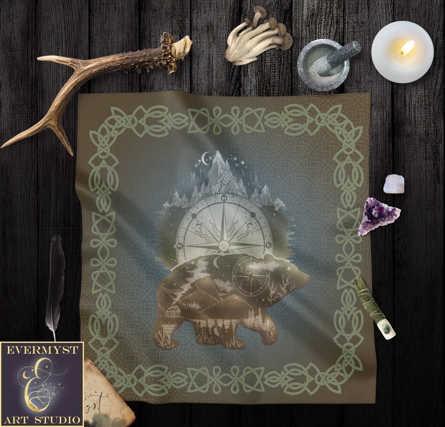 Wildlife Celtic Bear Altar Tarot Cloth - Viking Shaman Mens Decor Mat 24X24 Inch Crepe Square