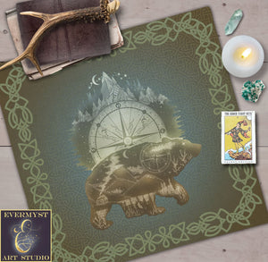 Wildlife Celtic Bear Altar Tarot Cloth - Viking Shaman Mens Decor Mat 22X22 Inch Twill Square