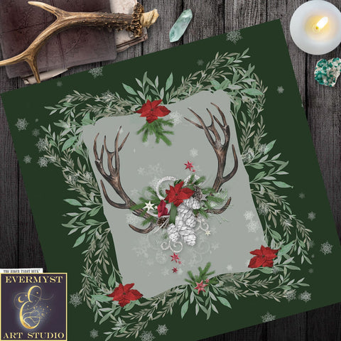 Winter Antler Yule Altar Cloth Mat For Tarot Readings - Pagan Wicca Witch Decor Square